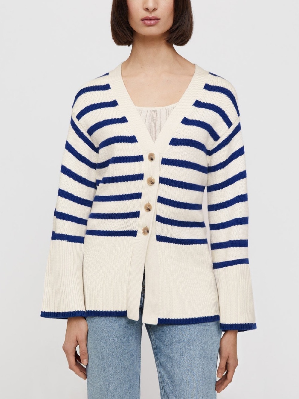 Toteme Cream and Blue Striped V-Neck Cardigan